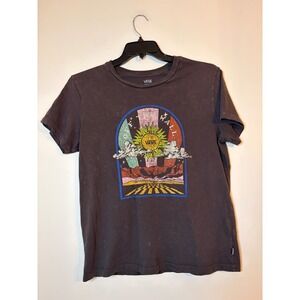 Vans Graphic Tee Womens Medium Off The Wall World Tour Charcoal Acid Wash Sun